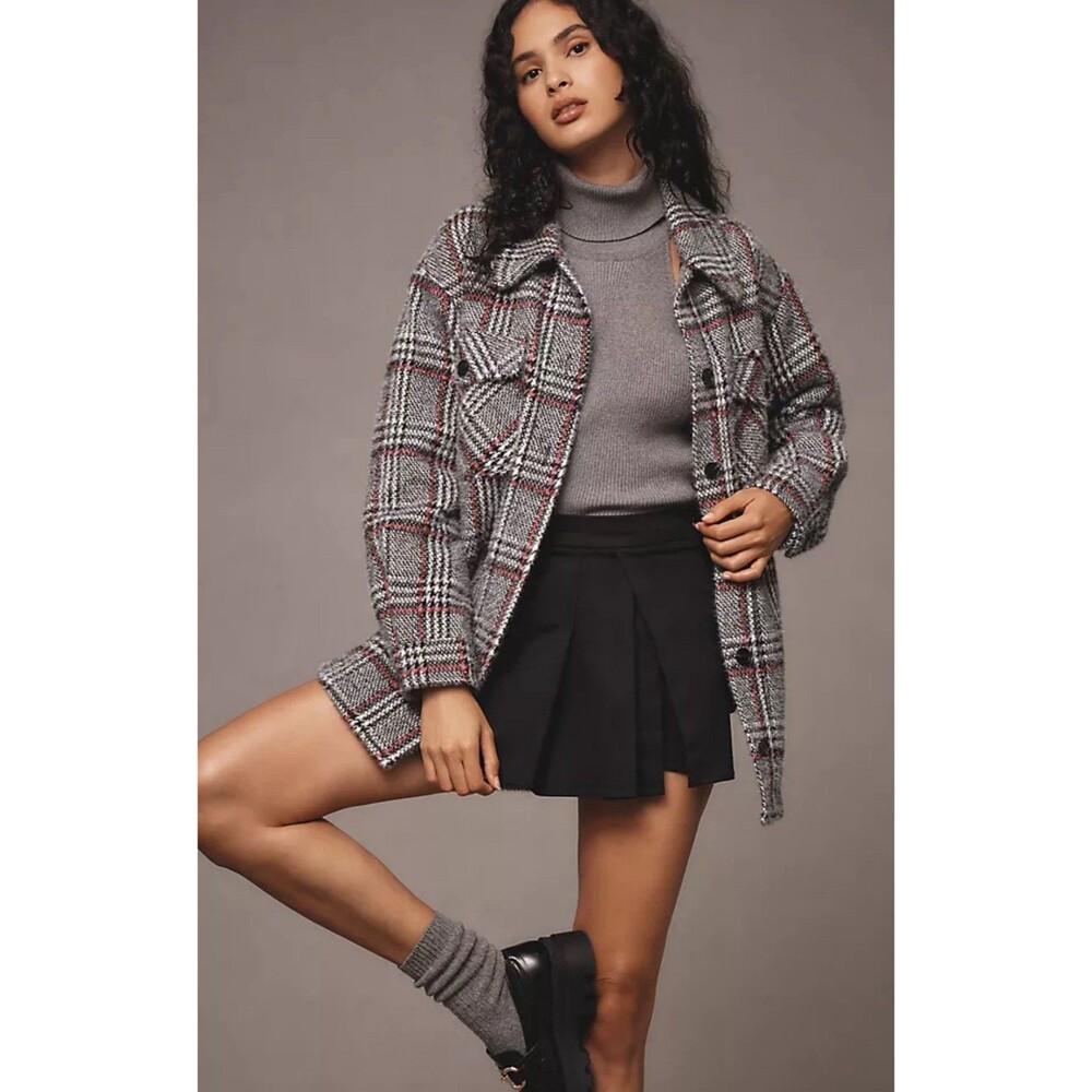 Greylin Athropologie Knit Jacket Gray Plaid Button Up Fuzzy Boho Retro XL NWT